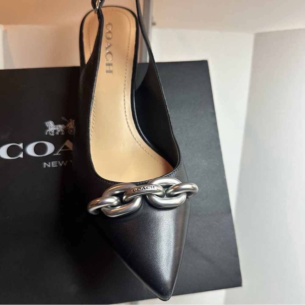 NWOT Coach Black sling back Heels with Silver Chain Accent - Picture 3 of 13